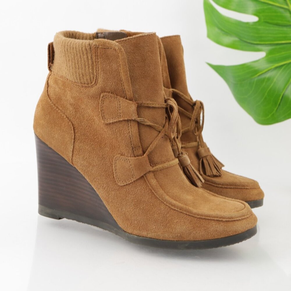 Franco Sarto Womens Westerly Boot Size 9.5 Camel Tan Suede Wedge Lace Up Booties